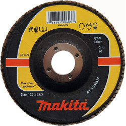 Лепестковый шлифовальный диск для нержавеющей стали, цирконий Makita K60 125х22.23 мм, P-65501