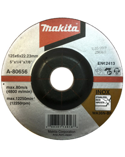 Makita A-80656 | Шлифовальный диск для нержавеющей стали изогнутый Makita 36N 125x22.23х6 мм, A-80656