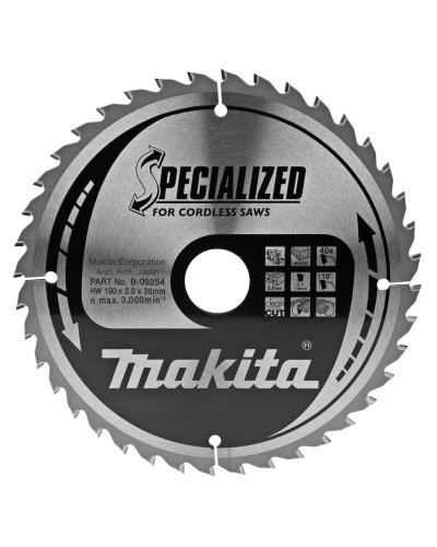 Makita B-09254 | Пиляльний диск по деревині Makita для акум,пил SPECIALIZED 190x30 мм 40 зуб, B-09254