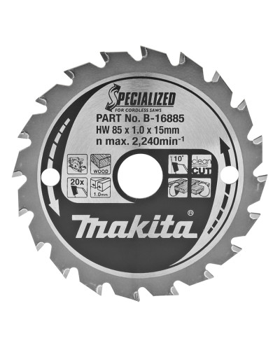 Makita B-16885 | Пильный диск Makita ТСТ по дереву для акум, пыльца 85x15мм x 20 зубов, B-16885