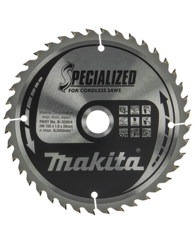 Makita B-32954 | Пильный диск Makita SPECIALIZED для акум. пыль 165x20 мм 40Т: дерево B-32954