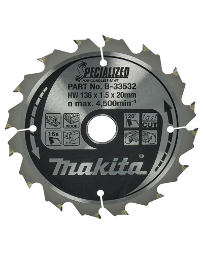 Makita B-33532 | Пильный диск для акума. пыльца Makita SPECIALIZED: дерево 136x20 мм 16T B-33532