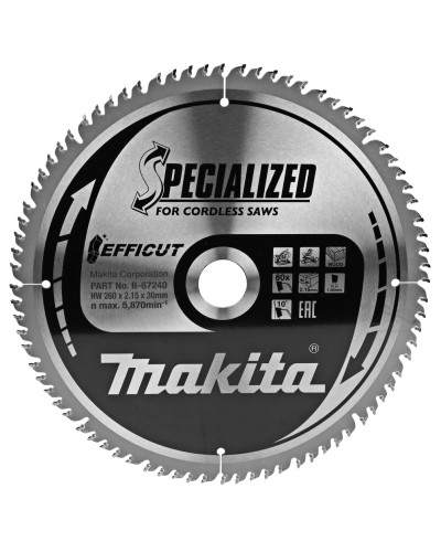 Makita B-67240 | Пильный диск Makita Efficut SPECIALIZED: дерево 260х30 мм 80Т B-67240